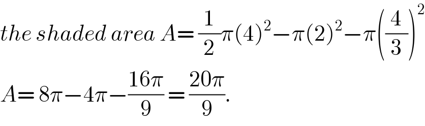 the shaded area A= (1/2)π(4)^2 −π(2)^2 −π((4/3))^2   A= 8π−4π−((16π)/9) = ((20π)/9).   