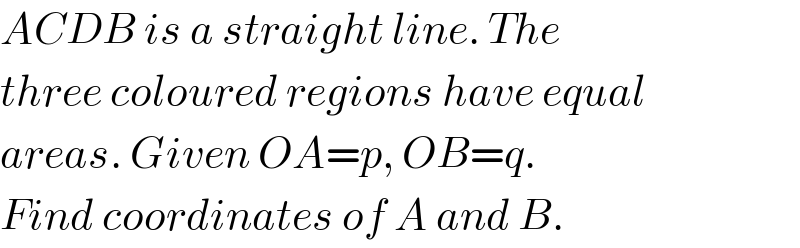 ACDB is a straight line. The  three coloured regions have equal  areas. Given OA=p, OB=q.  Find coordinates of A and B.  