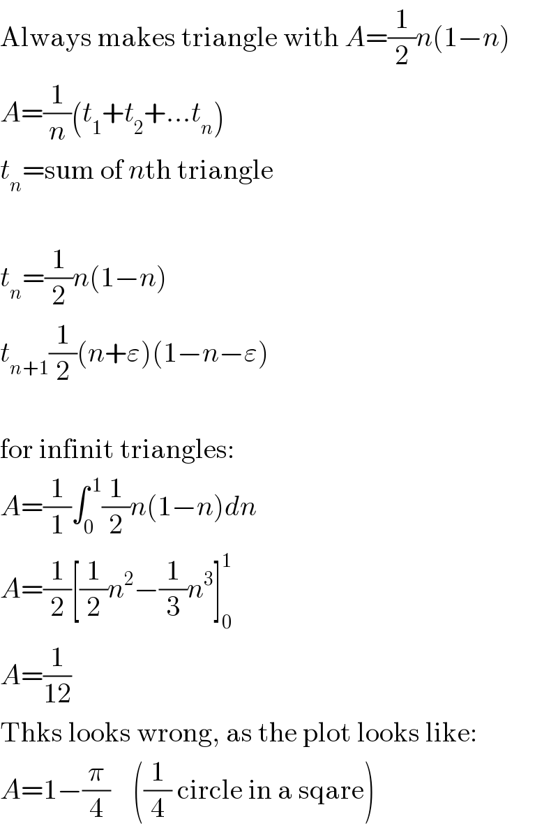 Always makes triangle with A=(1/2)n(1−n)  A=(1/n)(t_1 +t_2 +...t_n )  t_n =sum of nth triangle     t_n =(1/2)n(1−n)  t_(n+1) (1/2)(n+ε)(1−n−ε)     for infinit triangles:  A=(1/1)∫_0 ^( 1) (1/2)n(1−n)dn  A=(1/2)[(1/2)n^2 −(1/3)n^3 ]_0 ^1   A=(1/(12))  Thks looks wrong, as the plot looks like:  A=1−(π/4)    ((1/4) circle in a sqare)  