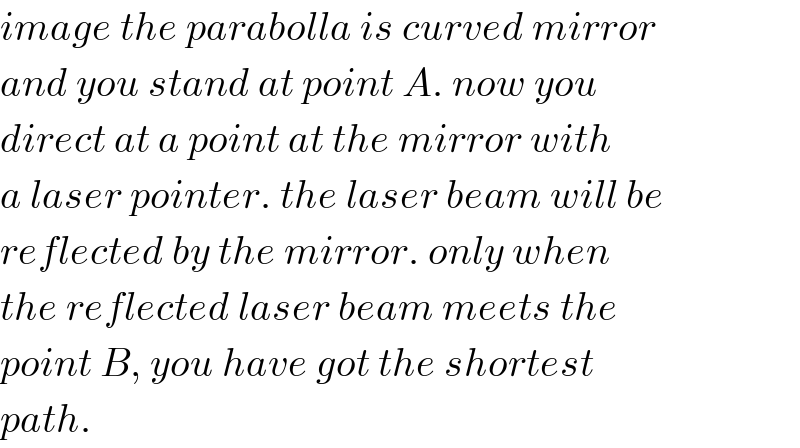 image the parabolla is curved mirror  and you stand at point A. now you   direct at a point at the mirror with  a laser pointer. the laser beam will be  reflected by the mirror. only when  the reflected laser beam meets the  point B, you have got the shortest  path.  