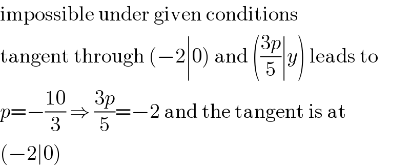 impossible under given conditions  tangent through (−2∣0) and (((3p)/5)∣y) leads to  p=−((10)/3) ⇒ ((3p)/5)=−2 and the tangent is at  (−2∣0)  