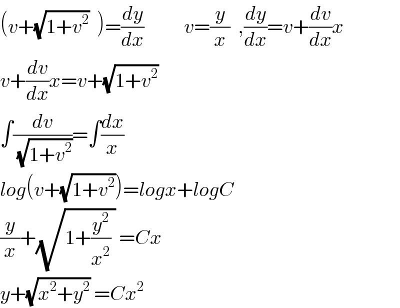 (v+(√(1+v^2 ))  )=(dy/dx)          v=(y/x)  ,(dy/dx)=v+(dv/dx)x  v+(dv/dx)x=v+(√(1+v^2 ))  ∫(dv/( (√(1+v^2 ))))=∫(dx/x)  log(v+(√(1+v^2 )))=logx+logC  (y/x)+(√(1+(y^2 /x^2 ) )) =Cx  y+(√(x^2 +y^2 )) =Cx^2   