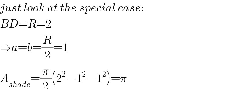 just look at the special case:  BD=R=2  ⇒a=b=(R/2)=1  A_(shade) =(π/2)(2^2 −1^2 −1^2 )=π  