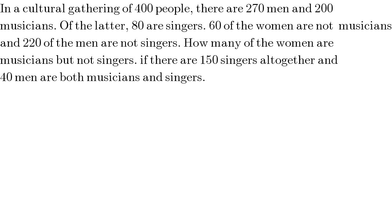 In a cultural gathering of 400 people, there are 270 men and 200  musicians. Of the latter, 80 are singers. 60 of the women are not  musicians  and 220 of the men are not singers. How many of the women are  musicians but not singers. if there are 150 singers altogether and   40 men are both musicians and singers.  
