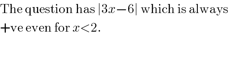 The question has ∣3x−6∣ which is always  +ve even for x<2.  