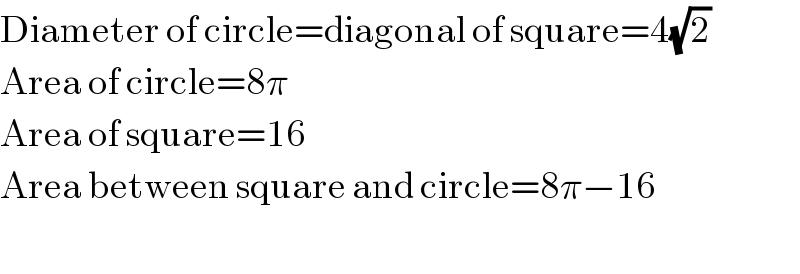 Diameter of circle=diagonal of square=4(√2)  Area of circle=8π  Area of square=16  Area between square and circle=8π−16    