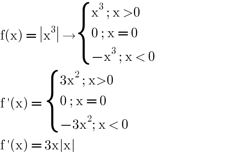 f(x) = ∣x^3 ∣ → { ((x^3  ; x >0)),((0 ; x = 0)),((−x^3  ; x < 0)) :}  f ′(x) =  { ((3x^2  ; x>0)),((0 ; x = 0)),((−3x^2 ; x < 0)) :}  f ′(x) = 3x∣x∣   