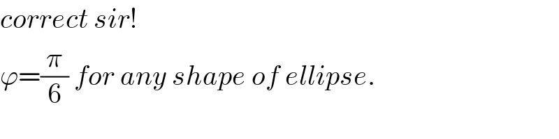 correct sir!  ϕ=(π/6) for any shape of ellipse.  