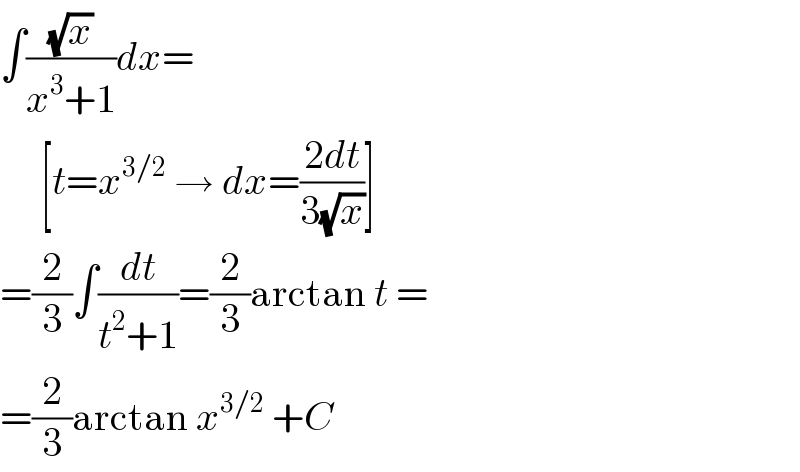 ∫((√x)/(x^3 +1))dx=       [t=x^(3/2)  → dx=((2dt)/(3(√x)))]  =(2/3)∫(dt/(t^2 +1))=(2/3)arctan t =  =(2/3)arctan x^(3/2)  +C  