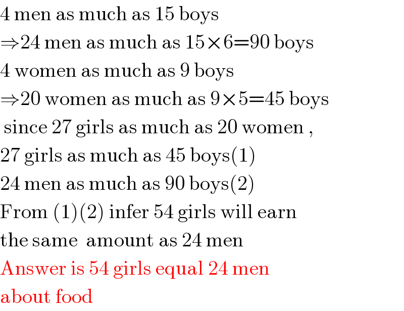 4 men as much as 15 boys  ⇒24 men as much as 15×6=90 boys  4 women as much as 9 boys  ⇒20 women as much as 9×5=45 boys   since 27 girls as much as 20 women ,  27 girls as much as 45 boys(1)  24 men as much as 90 boys(2)  From (1)(2) infer 54 girls will earn  the same  amount as 24 men  Answer is 54 girls equal 24 men  about food  