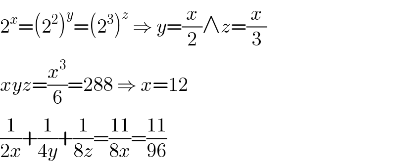 2^x =(2^2 )^y =(2^3 )^z  ⇒ y=(x/2)∧z=(x/3)  xyz=(x^3 /6)=288 ⇒ x=12  (1/(2x))+(1/(4y))+(1/(8z))=((11)/(8x))=((11)/(96))  