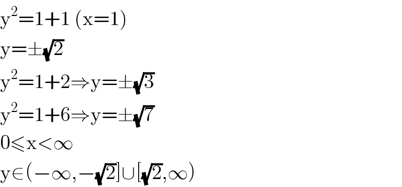 y^2 =1+1 (x=1)  y=±(√2)  y^2 =1+2⇒y=±(√3)  y^2 =1+6⇒y=±(√7)  0≤x<∞  y∈(−∞,−(√2)]∪[(√2),∞)  