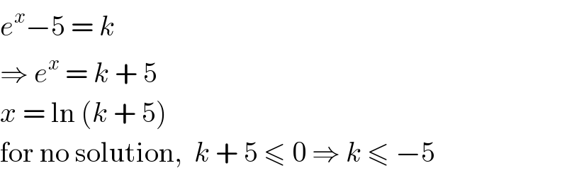 e^x −5 = k  ⇒ e^x  = k + 5  x = ln (k + 5)  for no solution,  k + 5 ≤ 0 ⇒ k ≤ −5  
