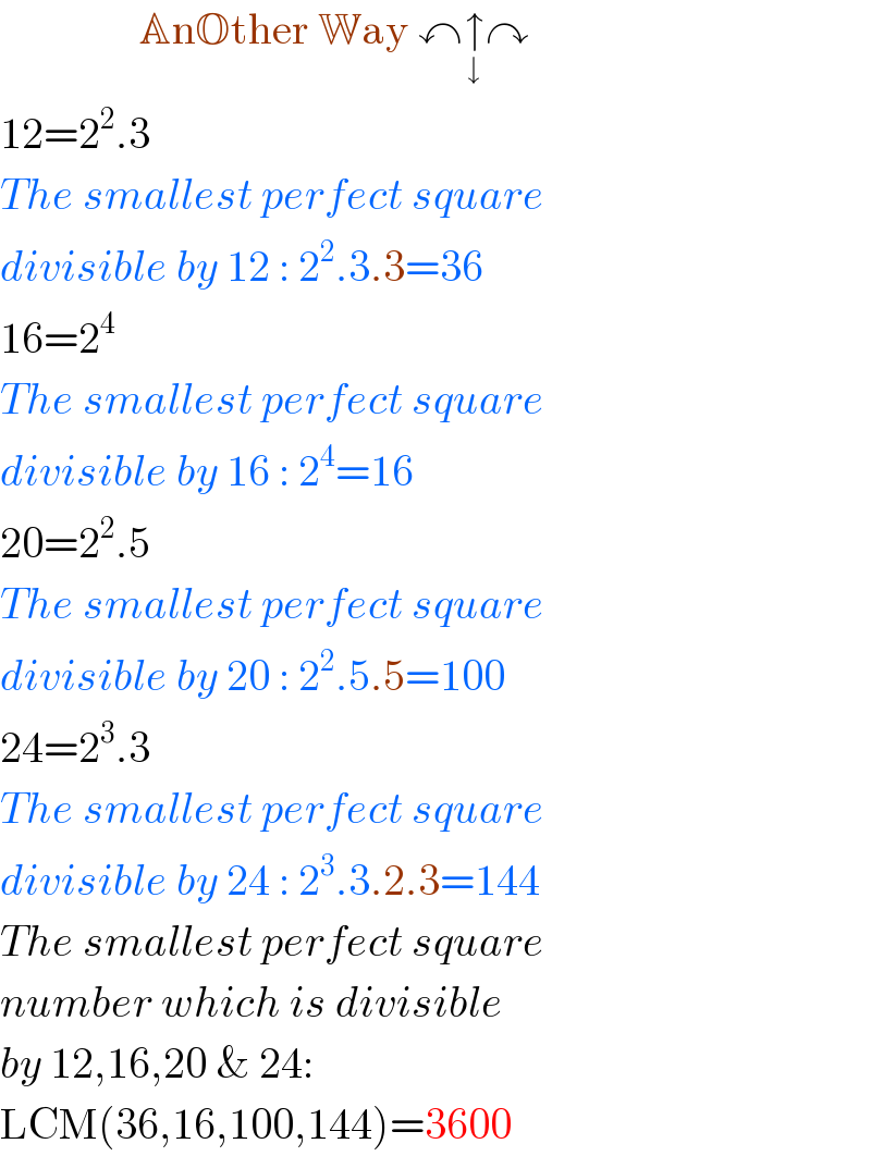                 AnOther Way ↶↑_(↓) ↷  12=2^2 .3  The smallest perfect square   divisible by 12 : 2^2 .3.3=36  16=2^4   The smallest perfect square   divisible by 16 : 2^4 =16  20=2^2 .5  The smallest perfect square   divisible by 20 : 2^2 .5.5=100  24=2^3 .3  The smallest perfect square   divisible by 24 : 2^3 .3.2.3=144  The smallest perfect square  number which is divisible  by 12,16,20 & 24:  LCM(36,16,100,144)=3600  