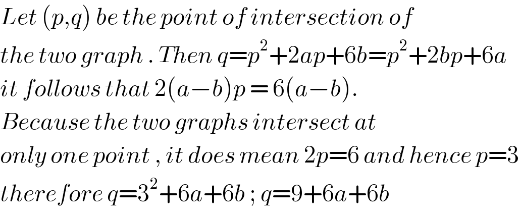 Let (p,q) be the point of intersection of  the two graph . Then q=p^2 +2ap+6b=p^2 +2bp+6a  it follows that 2(a−b)p = 6(a−b).  Because the two graphs intersect at  only one point , it does mean 2p=6 and hence p=3  therefore q=3^2 +6a+6b ; q=9+6a+6b  