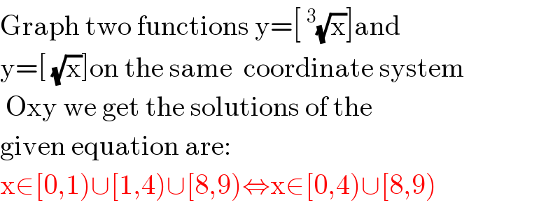 Graph two functions y=[^3 (√x)]and  y=[ (√x)]on the same  coordinate system   Oxy we get the solutions of the  given equation are:  x∈[0,1)∪[1,4)∪[8,9)⇔x∈[0,4)∪[8,9)  