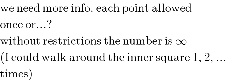we need more info. each point allowed  once or...?  without restrictions the number is ∞  (I could walk around the inner square 1, 2, ...  times)  