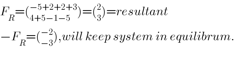 F_R =(_(4+5−1−5) ^(−5+2+2+3) )=(_3 ^2 )=resultant  −F_R =(_(−3) ^(−2) ),will keep system in equilibrum.  