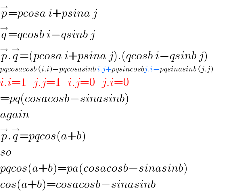p^→ =pcosa i+psina j  q^→ =qcosb i−qsinb j  p^→ .q^→ =(pcosa i+psina j).(qcosb i−qsinb j)  pqcosacosb (i.i)−pqcosasinb i.j+pqsincosbj.i−pqsinasinb (j.j)  i.i=1   j.j=1   i.j=0   j.i=0    =pq(cosacosb−sinasinb)  again  p^→ .q^→ =pqcos(a+b)  so   pqcos(a+b)=pa(cosacosb−sinasinb)  cos(a+b)=cosacosb−sinasinb  