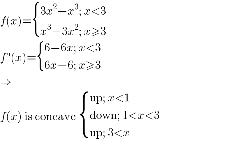 f(x)= { ((3x^2 −x^3 ; x<3)),((x^3 −3x^2 ; x≥3)) :}  f′′(x)= { ((6−6x; x<3)),((6x−6; x≥3)) :}  ⇒  f(x) is concave  { ((up; x<1)),((down; 1<x<3)),((up; 3<x)) :}  