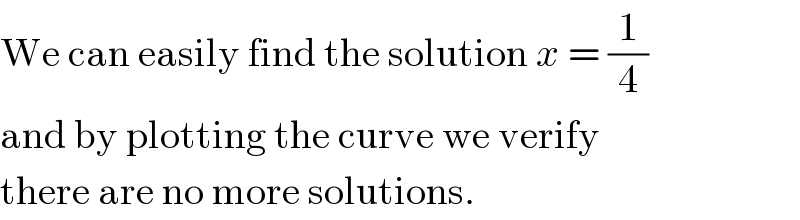 We can easily find the solution x = (1/4)  and by plotting the curve we verify  there are no more solutions.  