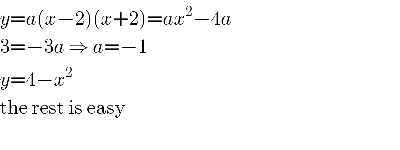 y=a(x−2)(x+2)=ax^2 −4a  3=−3a ⇒ a=−1  y=4−x^2   the rest is easy    