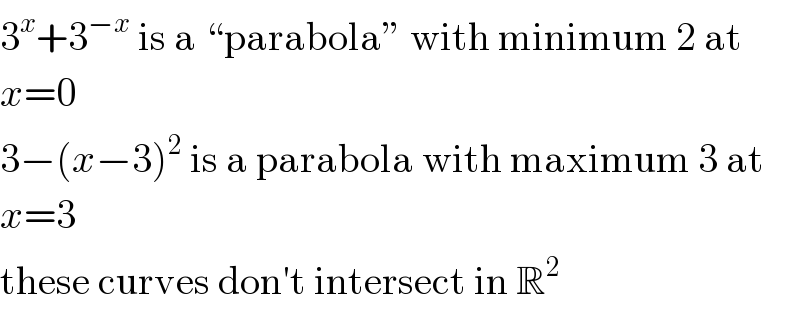 3^x +3^(−x)  is a “parabola” with minimum 2 at  x=0  3−(x−3)^2  is a parabola with maximum 3 at  x=3  these curves don′t intersect in R^2   