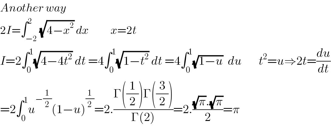 Another way  2I=∫_(−2) ^2 (√(4−x^2 )) dx            x=2t  I=2∫_0 ^1 (√(4−4t^2 )) dt =4∫_0 ^1 (√(1−t^2 )) dt =4∫_0 ^1 (√(1−u))  du       t^2 =u⇒2t=(du/dt)  =2∫_0 ^1 u^(−(1/2)) (1−u)^(1/2) =2.((Γ((1/2))Γ((3/2)))/(Γ(2)))=2.(((√π).(√π))/2)=π  