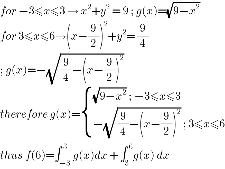 for −3≤x≤3 → x^2 +y^2  = 9 ; g(x)=(√(9−x^2 ))  for 3≤x≤6→(x−(9/2))^2 +y^2 = (9/4)  ; g(x)=−(√((9/4)−(x−(9/2))^2 ))  therefore g(x)= { (((√(9−x^2 )) ; −3≤x≤3)),((−(√((9/4)−(x−(9/2))^2 )) ; 3≤x≤6)) :}  thus f(6)=∫_(−3) ^( 3) g(x)dx + ∫_3 ^( 6) g(x) dx   