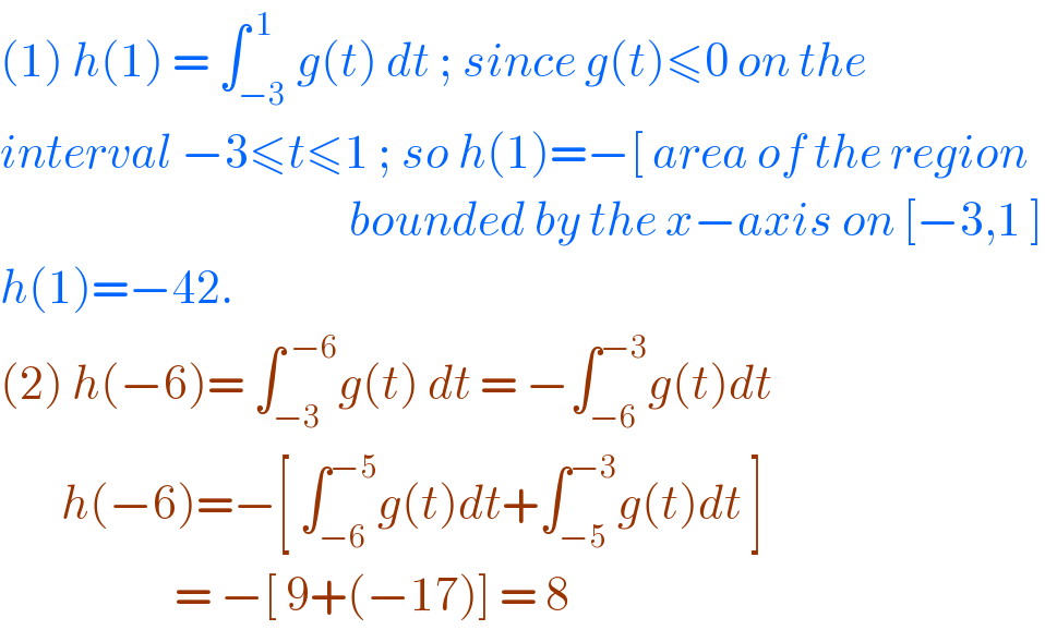 (1) h(1) = ∫_(−3) ^( 1) g(t) dt ; since g(t)≤0 on the  interval −3≤t≤1 ; so h(1)=−[ area of the region                                            bounded by the x−axis on [−3,1 ]  h(1)=−42.   (2) h(−6)= ∫_(−3) ^( −6) g(t) dt = −∫_(−6) ^(−3) g(t)dt         h(−6)=−[ ∫_(−6) ^(−5) g(t)dt+∫_(−5) ^(−3) g(t)dt ]                      = −[ 9+(−17)] = 8   
