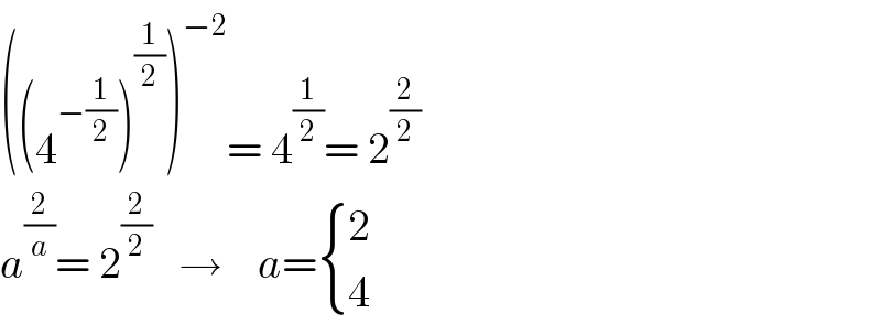 ((4^(−(1/2)) )^(1/2) )^(−2) = 4^(1/2) = 2^(2/2)   a^(2/a) = 2^(2/2)    →    a= { (2),(4) :}  