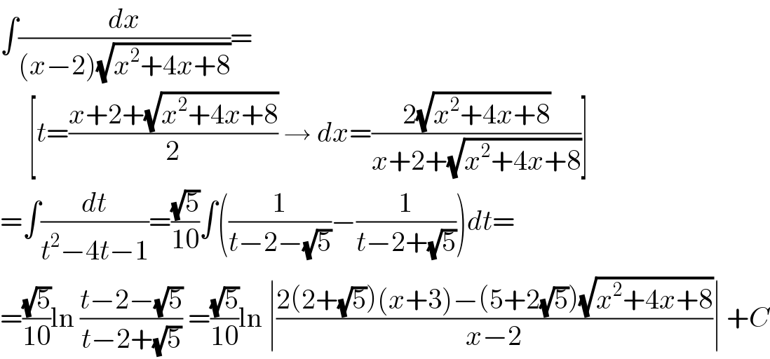 ∫(dx/((x−2)(√(x^2 +4x+8))))=       [t=((x+2+(√(x^2 +4x+8)))/2) → dx=((2(√(x^2 +4x+8)))/(x+2+(√(x^2 +4x+8))))]  =∫(dt/(t^2 −4t−1))=((√5)/(10))∫((1/(t−2−(√5)))−(1/(t−2+(√5))))dt=  =((√5)/(10))ln ((t−2−(√5))/(t−2+(√5))) =((√5)/(10))ln ∣((2(2+(√5))(x+3)−(5+2(√5))(√(x^2 +4x+8)))/(x−2))∣ +C  
