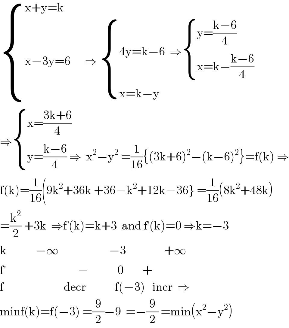  { ((x+y=k)),((x−3y=6      ⇒  { ((4y=k−6  ⇒ { ((y=((k−6)/4))),((x=k−((k−6)/4))) :})),((x=k−y)) :})) :}  ⇒ { ((x=((3k+6)/4))),((y=((k−6)/4) ⇒  x^2 −y^2  =(1/(16)){(3k+6)^2 −(k−6)^2 }=f(k) ⇒)) :}  f(k)=(1/(16))(9k^2 +36k +36−k^2 +12k−36} =(1/(16))(8k^2 +48k)  =(k^2 /2) +3k  ⇒f^′ (k)=k+3  and f^′ (k)=0 ⇒k=−3  k            −∞                     −3                +∞  f^′                               −            0        +  f                         decr            f(−3)   incr  ⇒  minf(k)=f(−3) =(9/2)−9  =−(9/2) =min(x^2 −y^2 )  