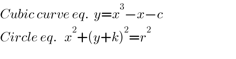 Cubic curve eq.  y=x^3 −x−c  Circle eq.   x^2 +(y+k)^2 =r^2   
