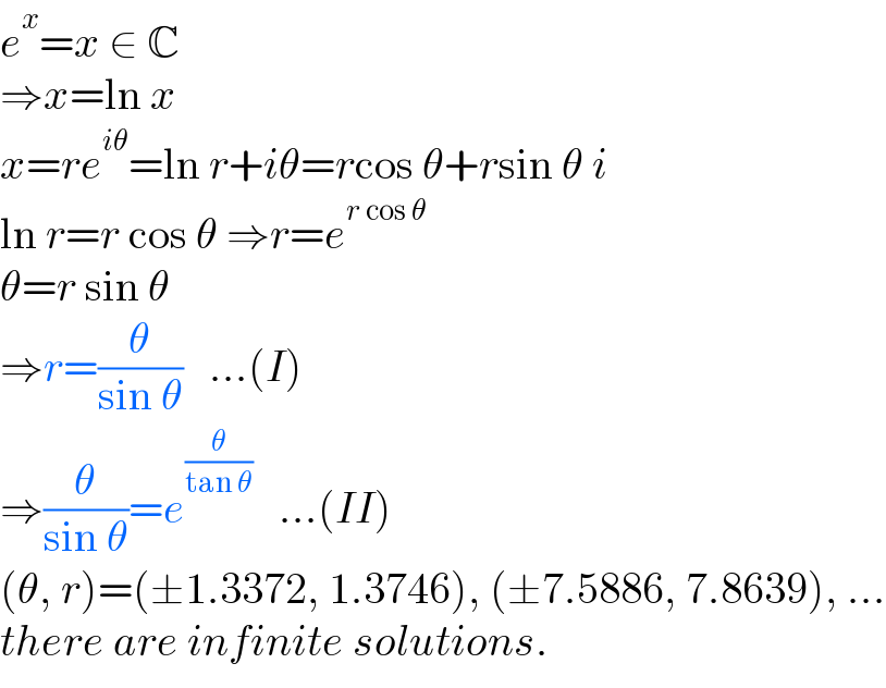 e^x =x ∈ C  ⇒x=ln x  x=re^(iθ) =ln r+iθ=rcos θ+rsin θ i  ln r=r cos θ ⇒r=e^(r cos θ)   θ=r sin θ  ⇒r=(θ/(sin θ))   ...(I)  ⇒(θ/(sin θ))=e^(θ/(tan θ))    ...(II)  (θ, r)=(±1.3372, 1.3746), (±7.5886, 7.8639), ...  there are infinite solutions.  