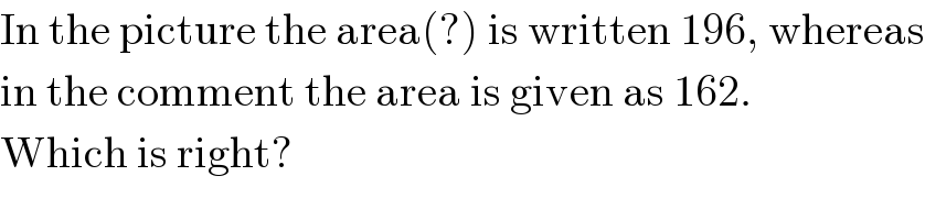 In the picture the area(?) is written 196, whereas  in the comment the area is given as 162.  Which is right?  