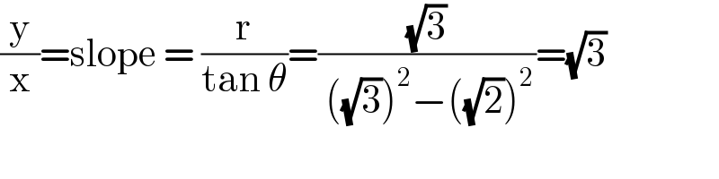 (y/x)=slope = (r/(tan θ))=((√3)/( ((√3))^2 −((√2))^2 ))=(√3)  