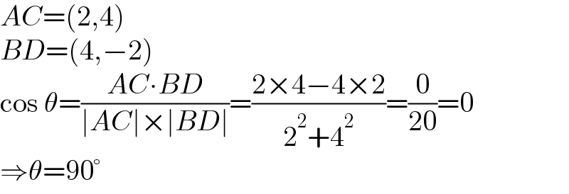 AC=(2,4)  BD=(4,−2)  cos θ=((AC∙BD)/(∣AC∣×∣BD∣))=((2×4−4×2)/(2^2 +4^2 ))=(0/(20))=0  ⇒θ=90°  