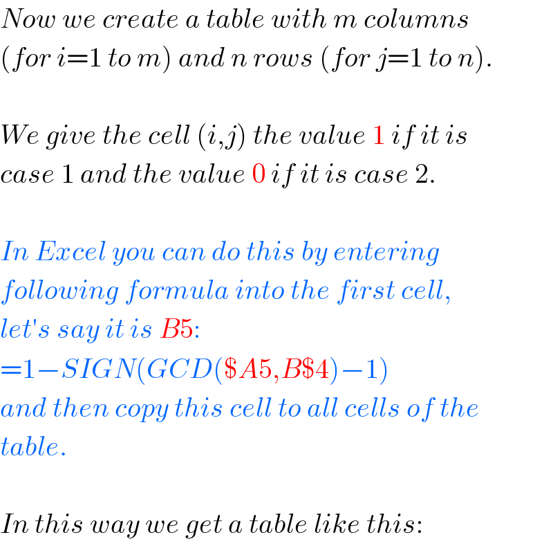 Now we create a table with m columns  (for i=1 to m) and n rows (for j=1 to n).    We give the cell (i,j) the value 1 if it is  case 1 and the value 0 if it is case 2.    In Excel you can do this by entering  following formula into the first cell,  let′s say it is B5:  =1−SIGN(GCD($A5,B$4)−1)  and then copy this cell to all cells of the   table.    In this way we get a table like this:  