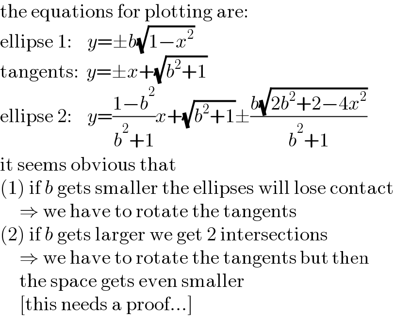 the equations for plotting are:  ellipse 1:    y=±b(√(1−x^2 ))  tangents:  y=±x+(√(b^2 +1))  ellipse 2:    y=((1−b^2 )/(b^2 +1))x+(√(b^2 +1))±((b(√(2b^2 +2−4x^2 )))/(b^2 +1))  it seems obvious that  (1) if b gets smaller the ellipses will lose contact       ⇒ we have to rotate the tangents  (2) if b gets larger we get 2 intersections       ⇒ we have to rotate the tangents but then       the space gets even smaller       [this needs a proof...]  