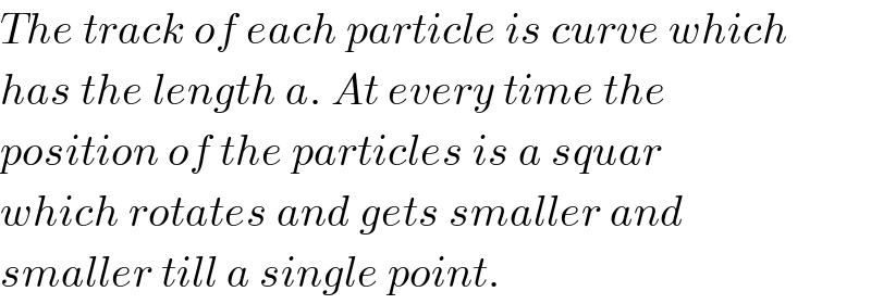 The track of each particle is curve which  has the length a. At every time the  position of the particles is a squar   which rotates and gets smaller and  smaller till a single point.  