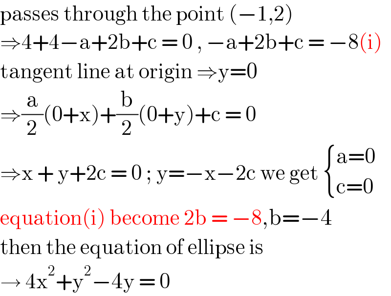passes through the point (−1,2)  ⇒4+4−a+2b+c = 0 , −a+2b+c = −8(i)  tangent line at origin ⇒y=0  ⇒(a/2)(0+x)+(b/2)(0+y)+c = 0  ⇒x + y+2c = 0 ; y=−x−2c we get  { ((a=0)),((c=0)) :}  equation(i) become 2b = −8,b=−4  then the equation of ellipse is   → 4x^2 +y^2 −4y = 0   