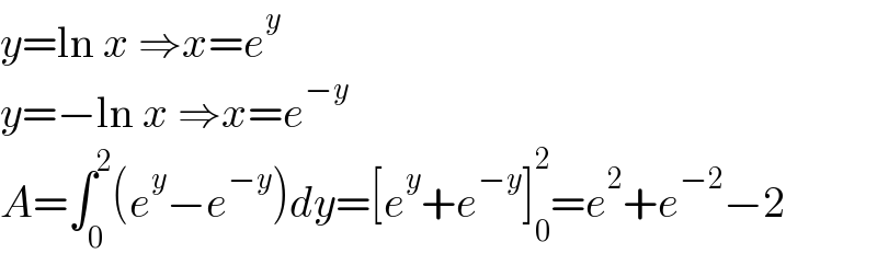 y=ln x ⇒x=e^y   y=−ln x ⇒x=e^(−y)   A=∫_0 ^2 (e^y −e^(−y) )dy=[e^y +e^(−y) ]_0 ^2 =e^2 +e^(−2) −2  
