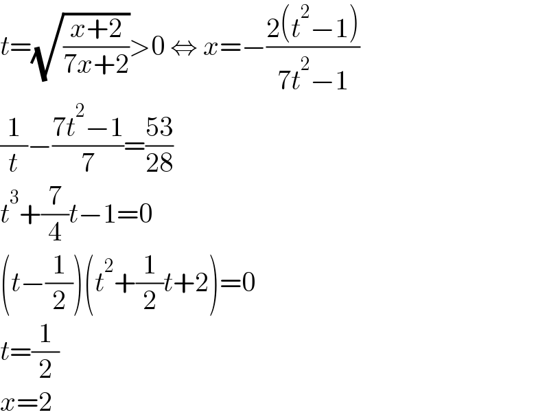 t=(√((x+2)/(7x+2)))>0 ⇔ x=−((2(t^2 −1))/(7t^2 −1))  (1/t)−((7t^2 −1)/7)=((53)/(28))  t^3 +(7/4)t−1=0  (t−(1/2))(t^2 +(1/2)t+2)=0  t=(1/2)  x=2  