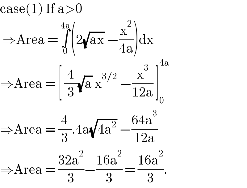 case(1) If a>0   ⇒Area = ∫_0 ^(4a) (2(√(ax)) −(x^2 /(4a)))dx  ⇒Area = [ (4/3)(√a) x^(3/2)  −(x^3 /(12a)) ]_0 ^(4a)    ⇒Area = (4/3).4a(√(4a^2 )) −((64a^3 )/(12a))   ⇒Area = ((32a^2 )/3)−((16a^2 )/3) = ((16a^2 )/3).   