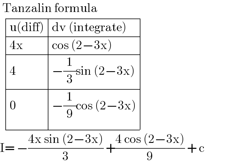  Tanzalin formula    determinant (((u(diff)),(dv (integrate))),((4x),(cos (2−3x))),(4,(−(1/3)sin (2−3x))),(0,(−(1/9)cos (2−3x))))  I= −((4x sin (2−3x))/3) +((4 cos (2−3x))/9) + c   