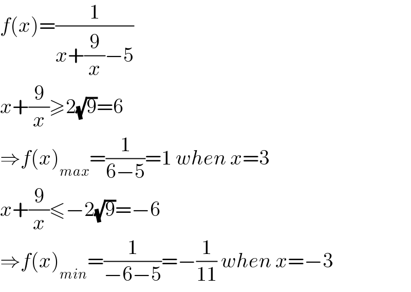 f(x)=(1/(x+(9/x)−5))  x+(9/x)≥2(√9)=6  ⇒f(x)_(max) =(1/(6−5))=1 when x=3  x+(9/x)≤−2(√9)=−6  ⇒f(x)_(min) =(1/(−6−5))=−(1/(11)) when x=−3  
