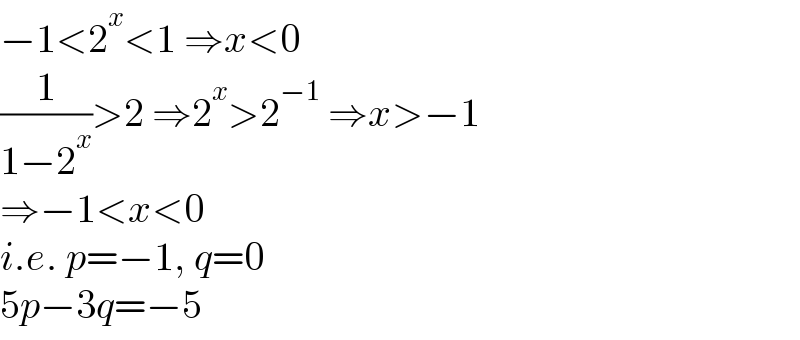 −1<2^x <1 ⇒x<0  (1/(1−2^x ))>2 ⇒2^x >2^(−1)  ⇒x>−1  ⇒−1<x<0  i.e. p=−1, q=0  5p−3q=−5  