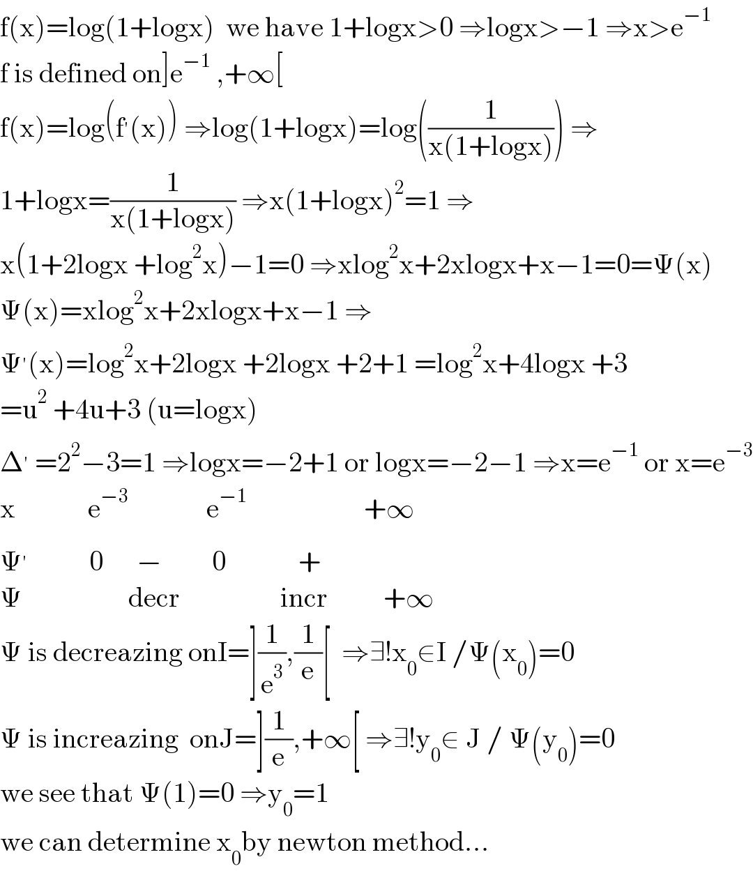 f(x)=log(1+logx)  we have 1+logx>0 ⇒logx>−1 ⇒x>e^(−1)   f is defined on]e^(−1)  ,+∞[  f(x)=log(f^′ (x)) ⇒log(1+logx)=log((1/(x(1+logx)))) ⇒  1+logx=(1/(x(1+logx))) ⇒x(1+logx)^2 =1 ⇒  x(1+2logx +log^2 x)−1=0 ⇒xlog^2 x+2xlogx+x−1=0=Ψ(x)  Ψ(x)=xlog^2 x+2xlogx+x−1 ⇒  Ψ^′ (x)=log^2 x+2logx +2logx +2+1 =log^2 x+4logx +3  =u^2  +4u+3 (u=logx)  Δ^′  =2^2 −3=1 ⇒logx=−2+1 or logx=−2−1 ⇒x=e^(−1)  or x=e^(−3)   x             e^(−3)               e^(−1)                      +∞  Ψ^′            0      −         0             +  Ψ                   decr                  incr          +∞  Ψ is decreazing onI=](1/e^3 ),(1/e)[  ⇒∃!x_0 ∈I /Ψ(x_0 )=0  Ψ is increazing  onJ=](1/e),+∞[ ⇒∃!y_0 ∈ J / Ψ(y_0 )=0  we see that Ψ(1)=0 ⇒y_0 =1  we can determine x_0 by newton method...  
