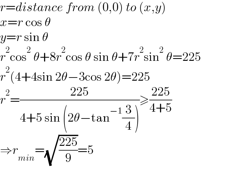 r=distance from (0,0) to (x,y)  x=r cos θ  y=r sin θ  r^2 cos^2  θ+8r^2 cos θ sin θ+7r^2 sin^2  θ=225  r^2 (4+4sin 2θ−3cos 2θ)=225  r^2 =((225)/(4+5 sin (2θ−tan^(−1) (3/4))))≥((225)/(4+5))  ⇒r_(min) =(√((225)/9))=5  